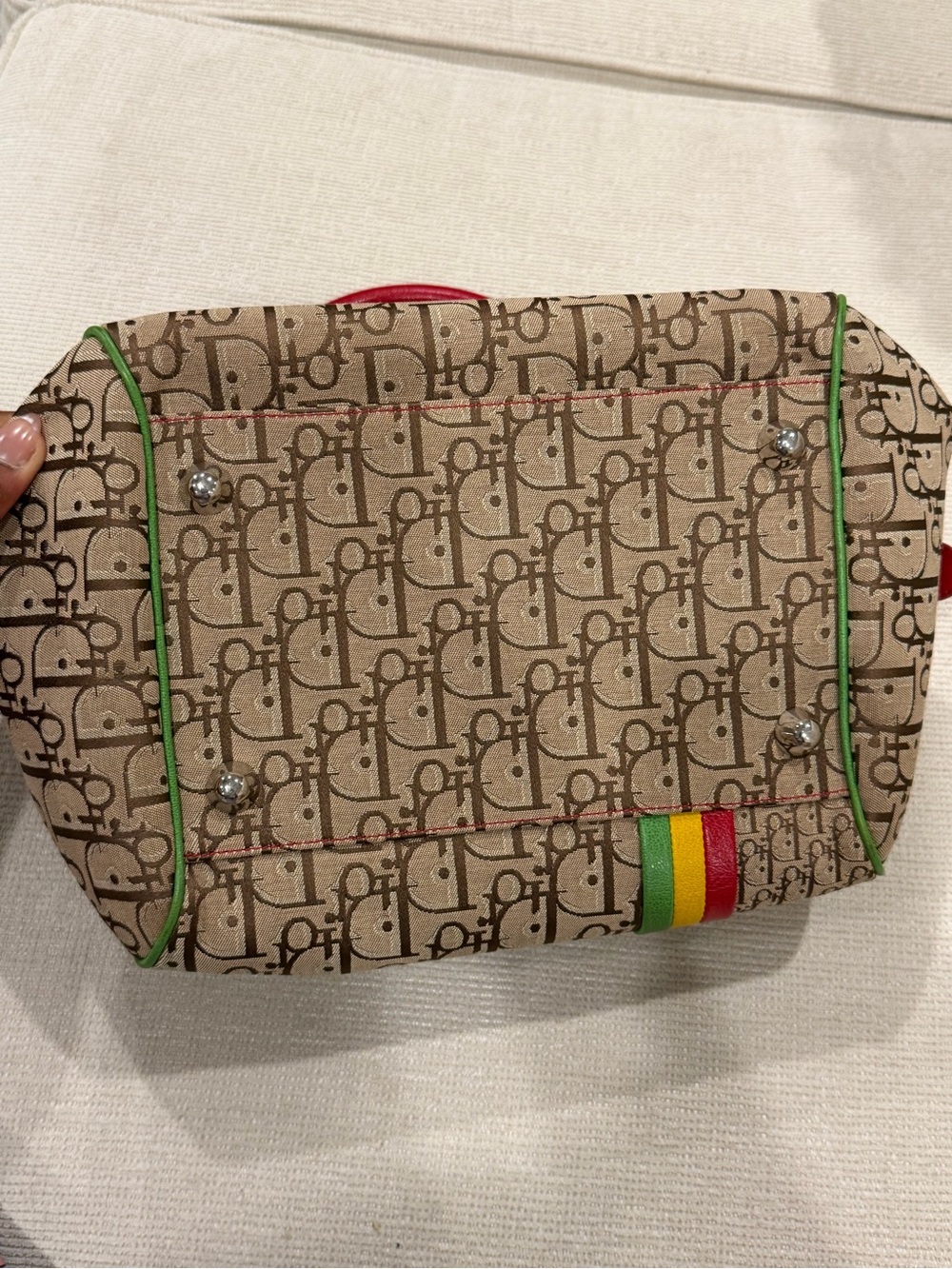 Dior Beige Monogram Satchel with Red Handles and Multicolor Stripe - Picture 4 of 6